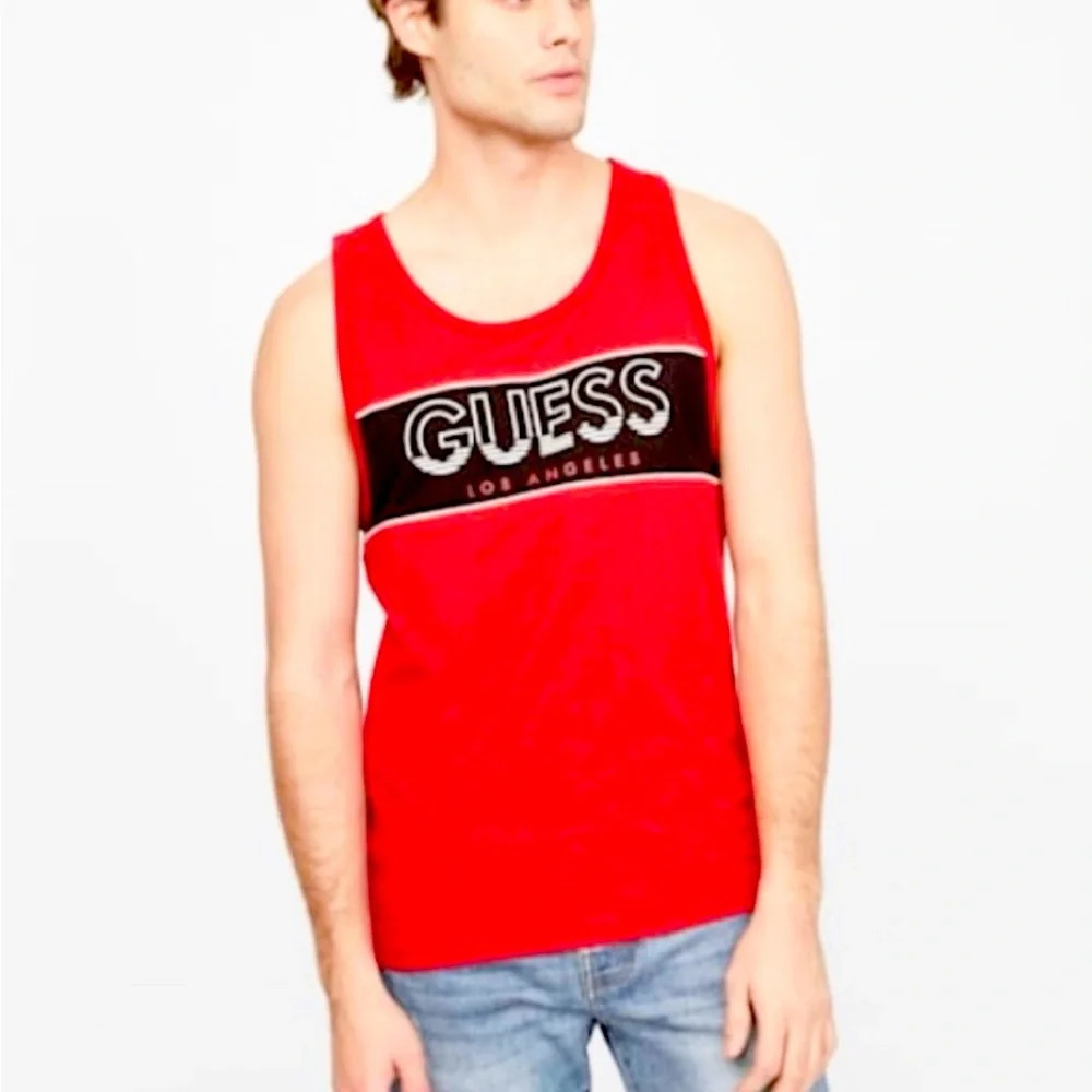 Sz L men Guess sleeveless tank top NWT red with guess design